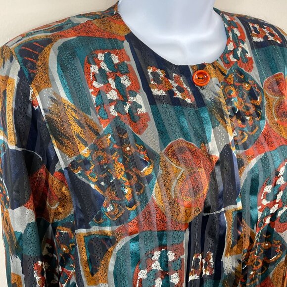 VTG Yves St Clair Metallic Shimmery Sheer Top Size 10 Teal Rust Fall Long Sleeve - Picture 8 of 13